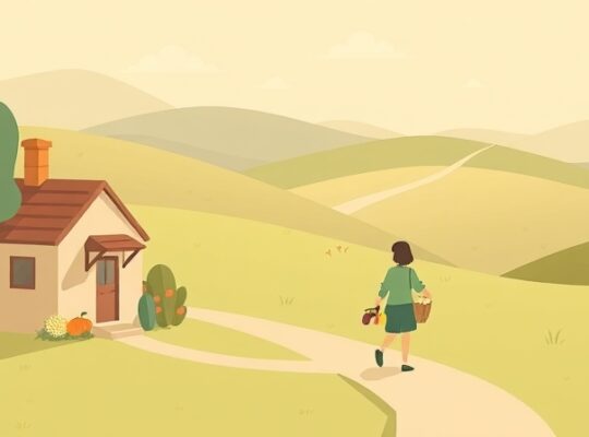 Stylizowana ilustracjapastelowa: domek, ogród, ścieżka prowadząca ku wzgórzom, postać z koszykiem jedzenia.