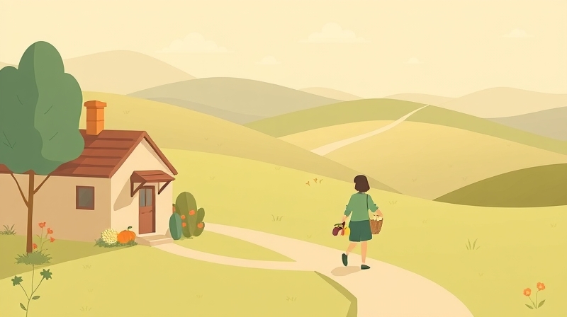 Stylizowana ilustracjapastelowa: domek, ogród, ścieżka prowadząca ku wzgórzom, postać z koszykiem jedzenia.