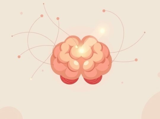 Stylizowany mózg, otoczony liniami myśli, z subtelnym rumieniem żołądka.