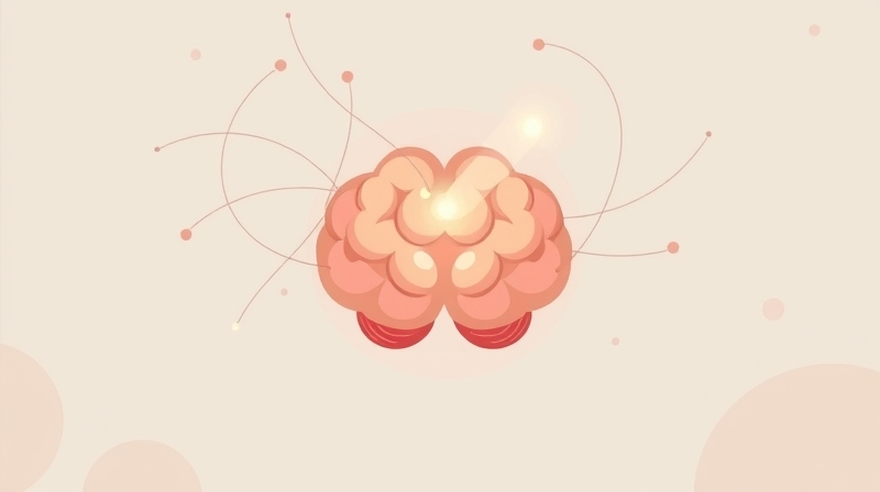 Stylizowany mózg, otoczony liniami myśli, z subtelnym rumieniem żołądka.