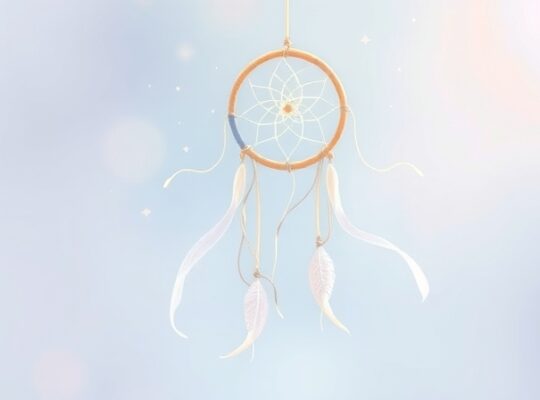 Delikatny łapacz snów rozplątujący mgliste wspomnienia, subtelne pastelowe barwy.