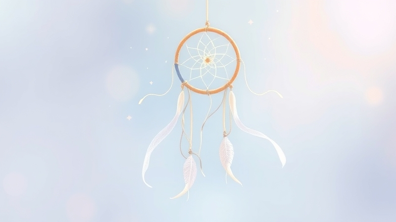 Delikatny łapacz snów rozplątujący mgliste wspomnienia, subtelne pastelowe barwy.