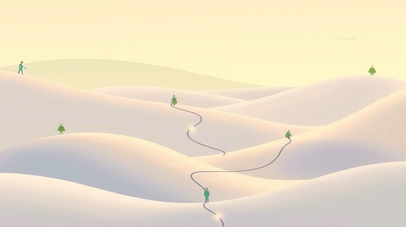 Abstrakcyjna ilustracja pastelowych krajobrazów z indywidualnymi ścieżkami ku spokojowi.