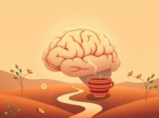 Harmonijny mózg otoczony delikatnymi elementami kawy, symbolizujący jej wpływ na samopoczucie.