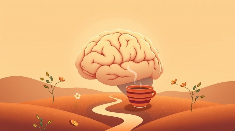 Harmonijny mózg otoczony delikatnymi elementami kawy, symbolizujący jej wpływ na samopoczucie.