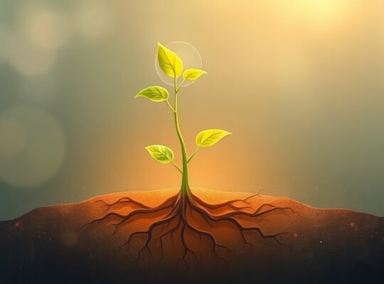 Młode drzewko z delikatnie świecącą gałązką, symbolizujące ukryty potencjał przywódczy.