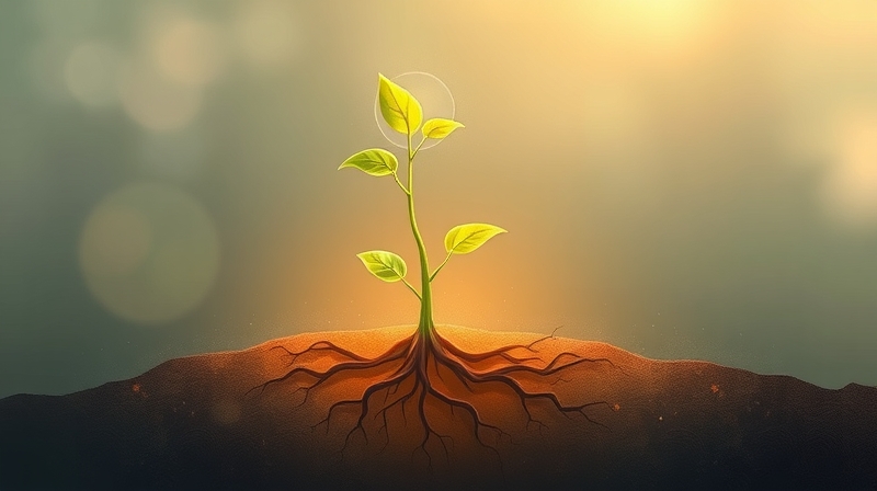 Młode drzewko z delikatnie świecącą gałązką, symbolizujące ukryty potencjał przywódczy.