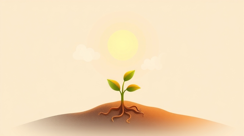 Ilustracja stylizowanego kiełka z widocznymi korzeniami, rosnącego ku słońcu.