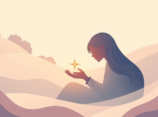 Stylizowana postać trzyma świecący kompas, wskazujący na światło, metafora wewnętrznego przewodnictwa.