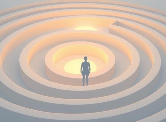 Stylizowany, pastelowy labirynt z podświetlanymi kulami, przez który przechadza się postać.