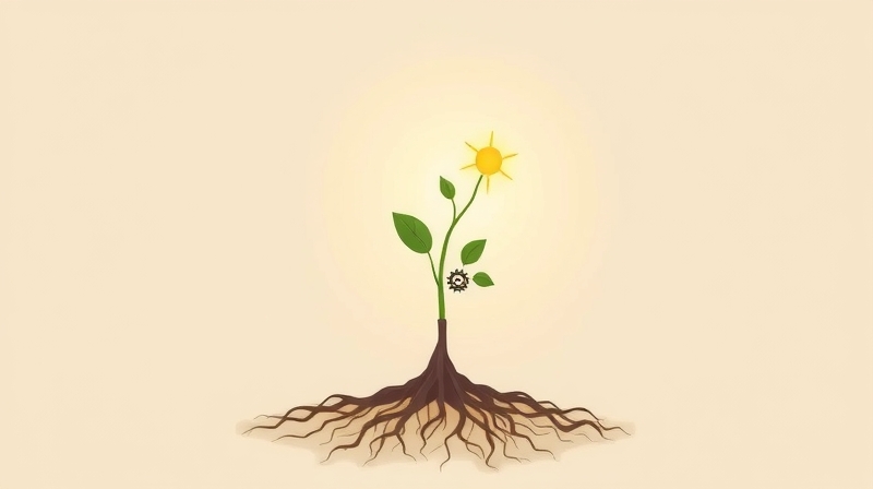 Abstrakcyjne sadzonka z korzeniami uformowanymi w tryby, sięgająca ku światłu wiedzy.