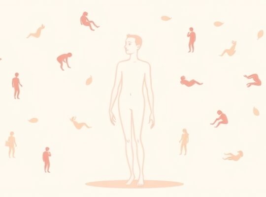 Abstrakcyjna ilustracja: płynne formy unoszące się nad subtelnymi gestami.