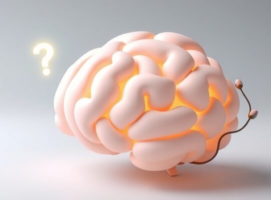 Surrealistyczny mózg z pytajnikiem i pąkami w pastelach, symbolizujący złożoność kłamstwa.