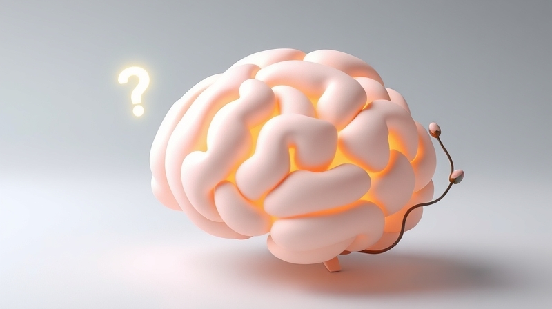 Surrealistyczny mózg z pytajnikiem i pąkami w pastelach, symbolizujący złożoność kłamstwa.