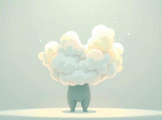 Symboliczna ilustracja lęku: spokojny krajobraz zamglony pastelowymi chmurkami, sugerujący wewnętrzne doświadczenie.