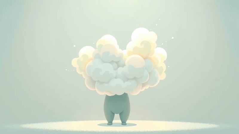 Symboliczna ilustracja lęku: spokojny krajobraz zamglony pastelowymi chmurkami, sugerujący wewnętrzne doświadczenie.