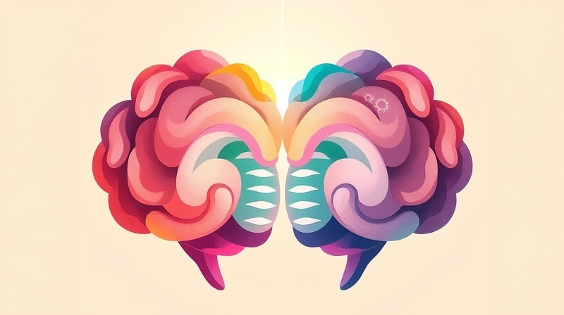 Stylizowana ilustracja półkul mózgowych, symbolizująca połączenie logiki i kreatywności.