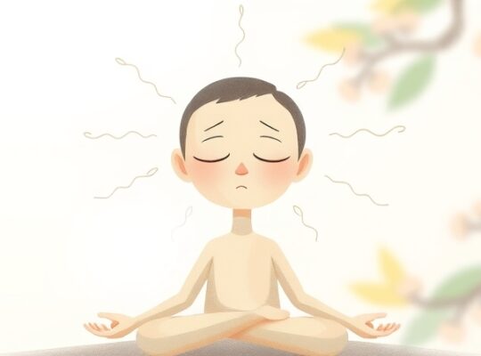 Stylizowana postać medytuje, otoczona aurą myśli – fokus i uwolnienie.