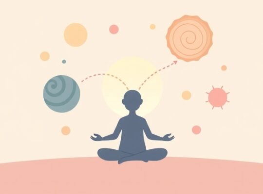 Stylizowana sylwetka w medytacji, otoczona pastelowymi myślami, symbolizująca spokój.