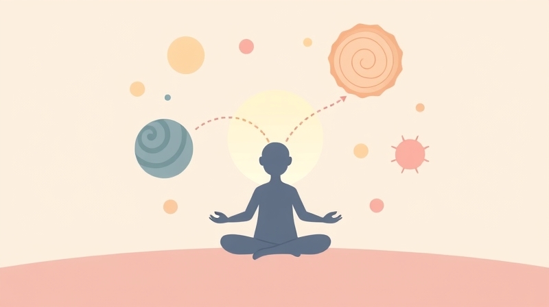 Stylizowana sylwetka w medytacji, otoczona pastelowymi myślami, symbolizująca spokój.