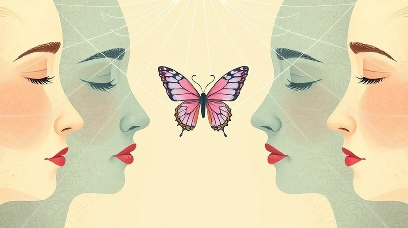 Surrealistyczna ilustracja: twarze, motyl w pajęczynie, symbol ukrywania prawdy.