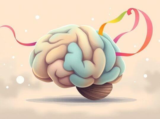 Abstrakcyjny mózg z kolorowymi wstęgami idei, w tym znak zapytania, wyłaniające się na pastelowym tle malarskim.