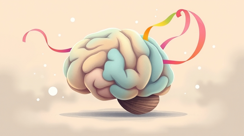 Abstrakcyjny mózg z kolorowymi wstęgami idei, w tym znak zapytania, wyłaniające się na pastelowym tle malarskim.
