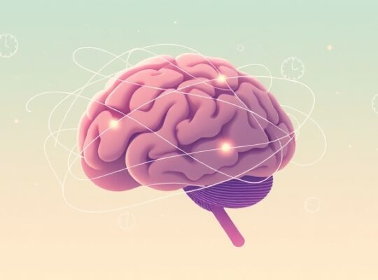 Stylizowany mózg z świetlistych nici, oddający równowagę między stresem a skupieniem.