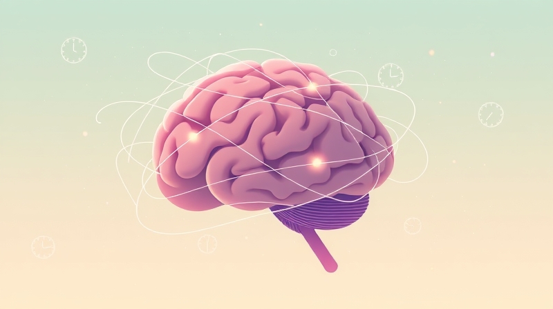 Stylizowany mózg z świetlistych nici, oddający równowagę między stresem a skupieniem.