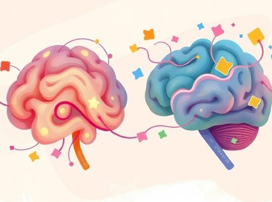 Połączone ścieżki neuronowe symbolizujące mózg dziecka i dorosłego, otoczone ideami.