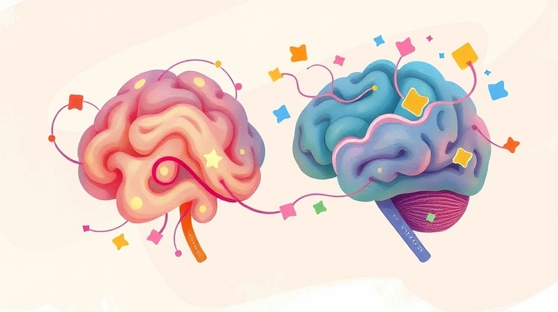 Połączone ścieżki neuronowe symbolizujące mózg dziecka i dorosłego, otoczone ideami.