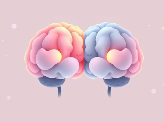 Stylizowana ilustracja połączonych mózgów, emanujących ciepłymi i chłodnymi pastelami, symbolizująca połączenie.