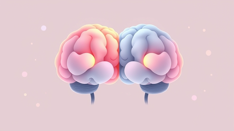 Stylizowana ilustracja połączonych mózgów, emanujących ciepłymi i chłodnymi pastelami, symbolizująca połączenie.