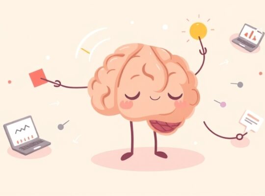 Usokojony mózg skupiony na jednym zadaniu, ignorując inne, w pastelowych barwach.