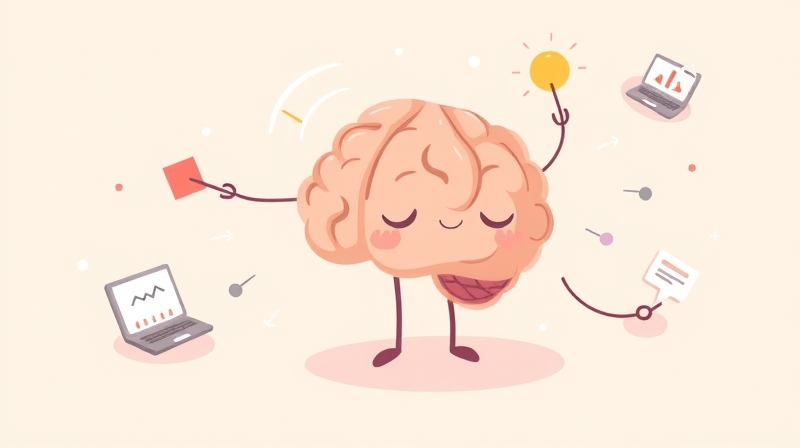 Usokojony mózg skupiony na jednym zadaniu, ignorując inne, w pastelowych barwach.