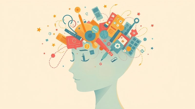 Stylizowana głowa z cyfrowymi symbolami, z którego wychodzą łagodne, świetliste pasma.