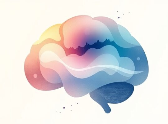 Stylizowany mózg z rozpływającą się w świetle smugą traumatycznego wspomnienia.