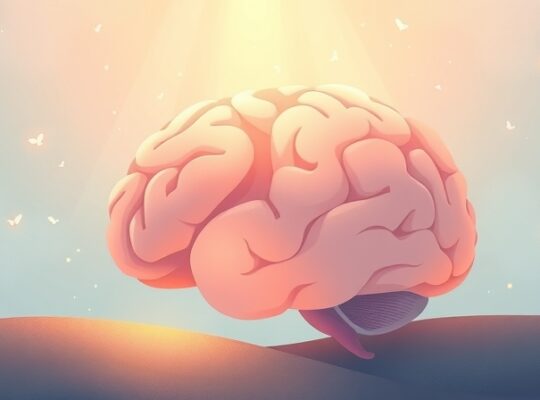 Surrealistyczny mózg z fragmentami wspomnień, rozświetlony światłem nadziei.