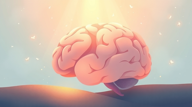 Surrealistyczny mózg z fragmentami wspomnień, rozświetlony światłem nadziei.