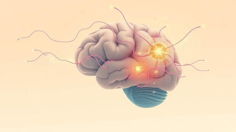 Surrealistyczny mózg: jedna ścieżka znika w mgle, inna odradza się w świetlistych niciach.