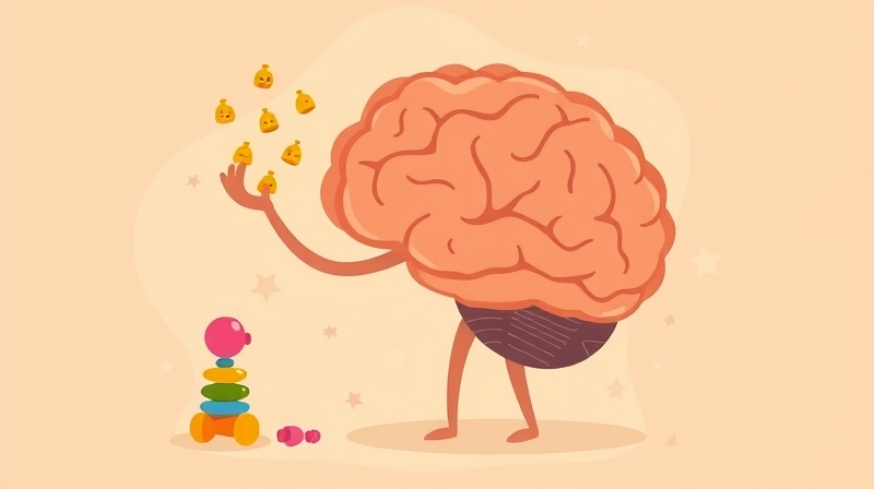 Stylizowany mózg trzyma łamigłówkę i zabawkę, symbolizując łatwe i trudne wyjaśnienia.