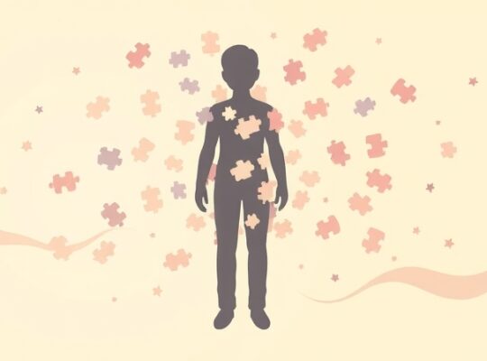 Sylwetka z rozproszonych kawałków puzzli, symbolizująca rekonstrukcję wspomnień.