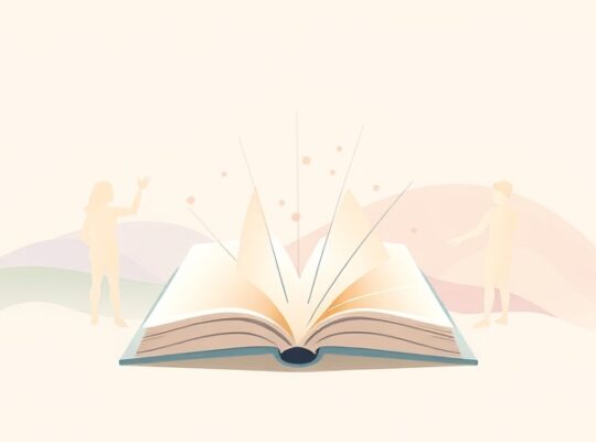 Stylizowana książka emituje światło złączając niekształcone postacie w pastelach.