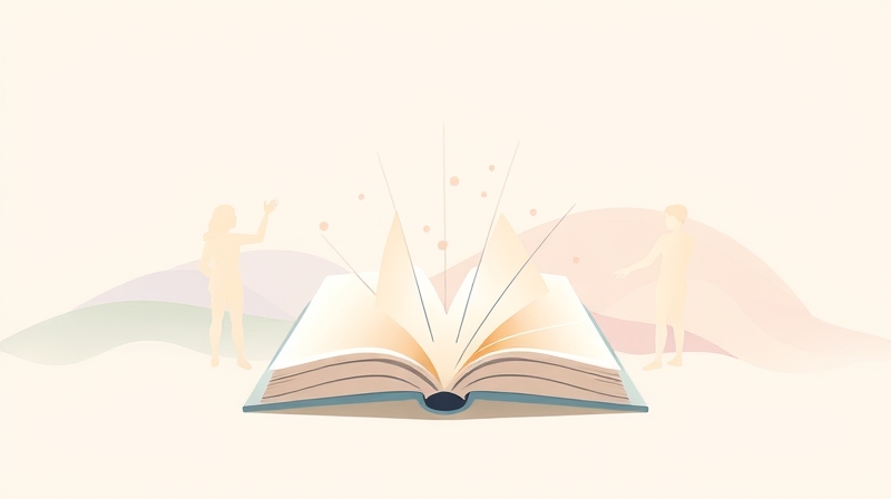 Stylizowana książka emituje światło złączając niekształcone postacie w pastelach.