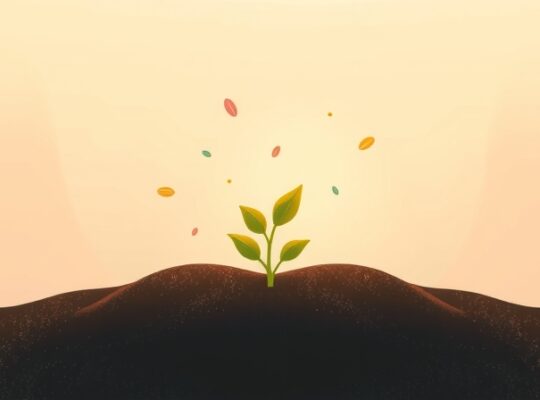 Stylizowany, kiełkujący pęd wyrastający z ziemi, otoczony unoszącymi się pozytywnymi myślami.