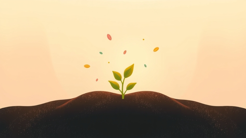 Stylizowany, kiełkujący pęd wyrastający z ziemi, otoczony unoszącymi się pozytywnymi myślami.
