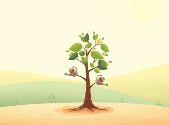 Drzewko rośnie w pastelowej ilustracji, wspierane przez wodę i słońce.