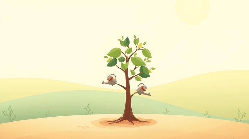Drzewko rośnie w pastelowej ilustracji, wspierane przez wodę i słońce.