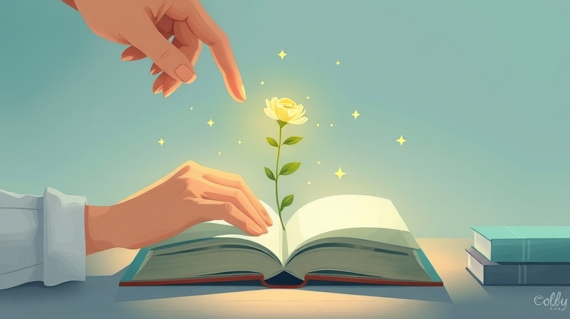 Osoba pielęgnująca rosnącą z książki świetlistą roślinę symbolizującą charyzmę.