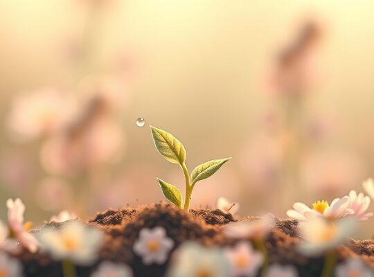 Mózg w ogrodzie: delikatny pęd, malutka kropla wody, pastelowe kwiaty, podkreślające powolny wzrost.
